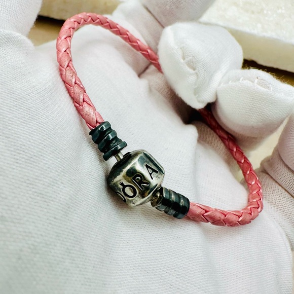EUC Pandora 590705CMP-S Single Shimmering Pink Woven Leather Clasp Bracelet - Picture 7 of 15